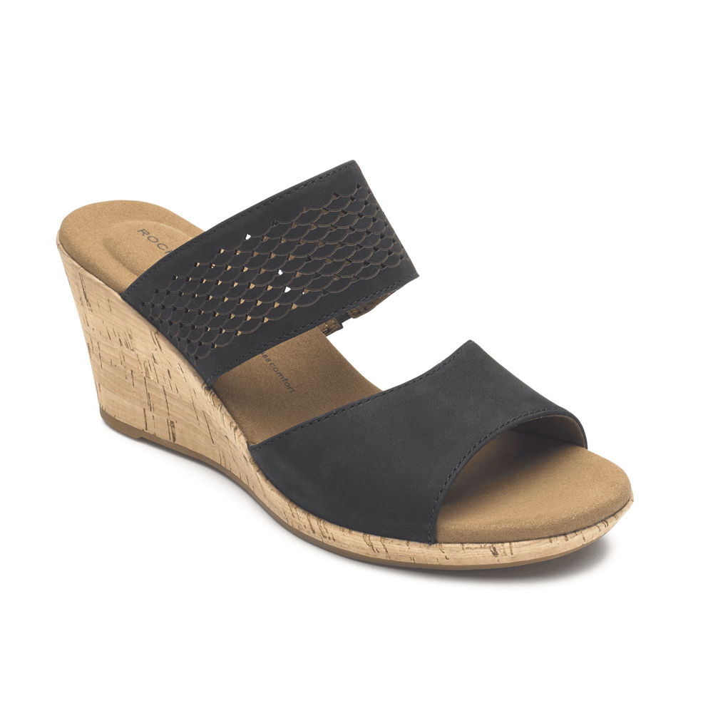 Rockport Sandals For Womens Black - Briah Double Band Slip-On Wedge - AB7920581